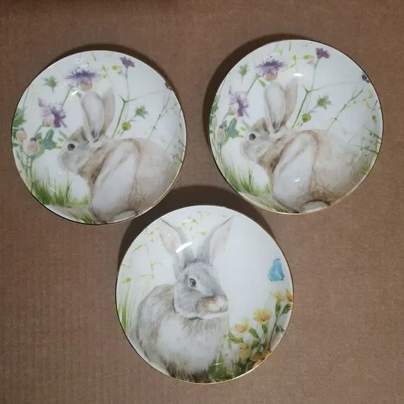 Williams Sonoma Set of 3 Cereal Bowls 5.5" Easter Bunny Meadow Gold Rimmed - Picture 2 of 7